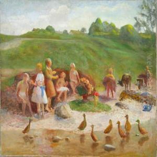 Paddling Children Oil Painting by Hans Ole Brasen