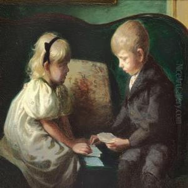 The Silversmith And Toy Designer
 Kay Bojesen As A Child Playing Cards With His Sister Thyra Oil Painting by Hans Ole Brasen