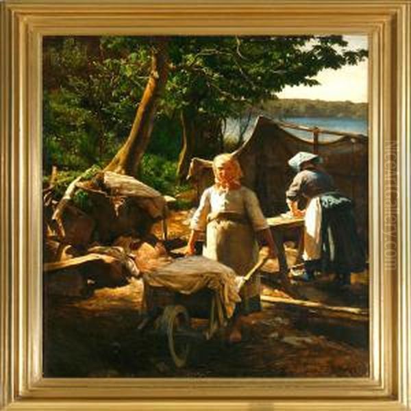 Young Girls Laundering In Sorup Near Fredensborg Oil Painting by Hans Ole Brasen