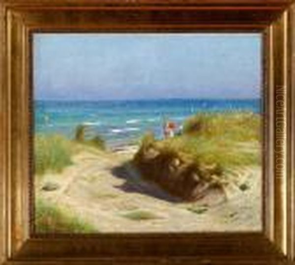 Danish Coastal Scenery With Two Young Women Oil Painting by Hans Ole Brasen