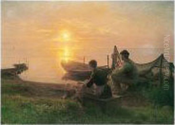 Solnedgang (watching The Sun Go Down) Oil Painting by Hans Ole Brasen