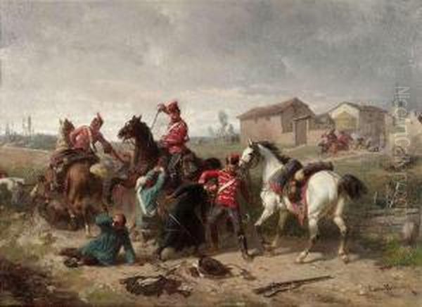 Hussars Attacking Avillage Oil Painting by Louis Braun