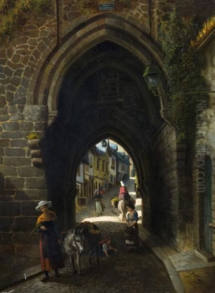 Archway Of The Porte Du Jersual Indinan, 
France With Figures. Oil Painting by William A. Breakspeare