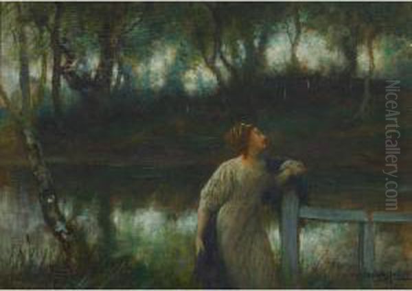 Woman In Contemplation By A Rail Fence Oil Painting by William A. Breakspeare