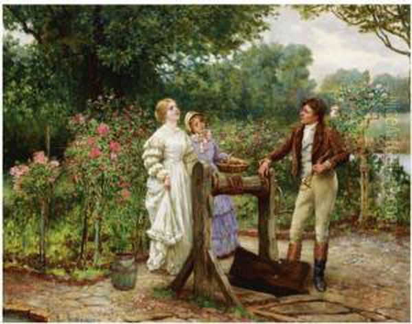 A Flirtation In The Rose Garden Oil Painting by William A. Breakspeare