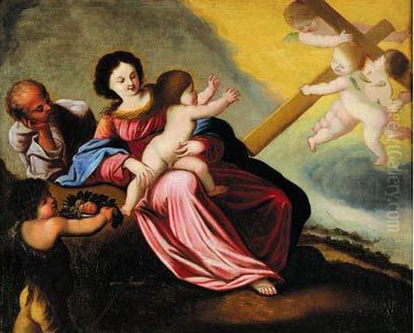 La Sainte Famille Et Des Anges Oil Painting by Pierre Brebiette