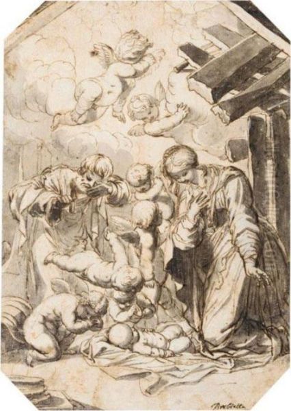 The Nativity With Putti Adoring The Christ Child Oil Painting by Pierre Brebiette