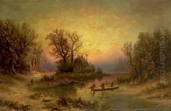 Winther Landscape With Persons 
On A Frozen Lake. Signed Monogram. Indistinctly Dated 1877? Oil Painting by Albert Bredow