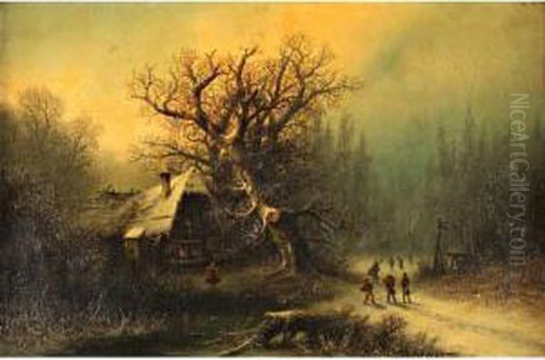 Le Retour Des Musiciens Dans Un 
Paysage D Hiver Huile Sur Toile Signee En Bas A Droite. 67 X 104 Cm Oil Painting by Albert Bredow