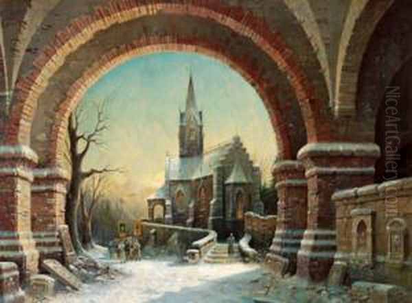 Winterliche Prozession Bei Einer Kirche Oil Painting by Albert Bredow