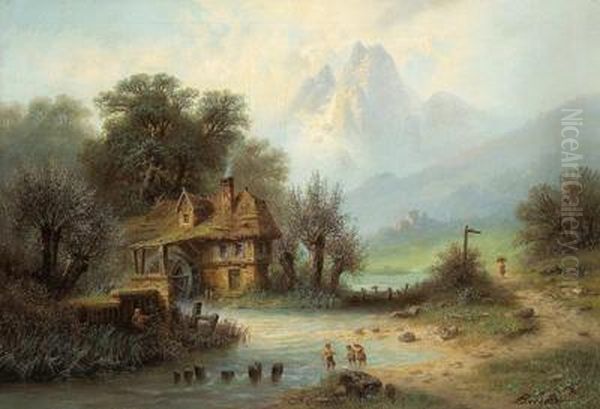 Paesaggio Con Mulino E Varie Figure Oil Painting by Albert Bredow