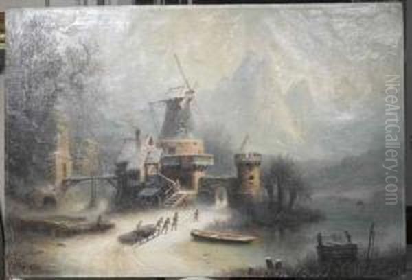 Winterlandschaft Mit Windmuhle. Oil Painting by Albert Bredow