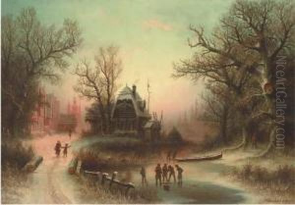 Figures In A Winter Landscape Oil Painting by Albert Bredow