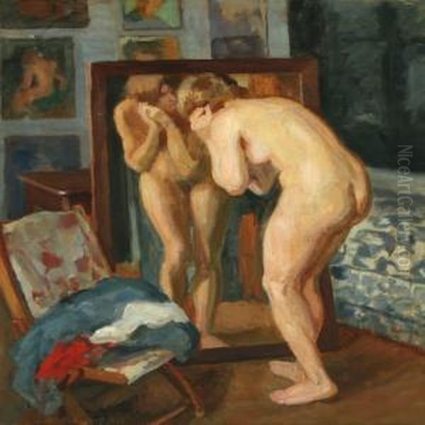 Interior With Nakedwoman In Front Of A Mirror Oil Painting by Axel Bredsdorff