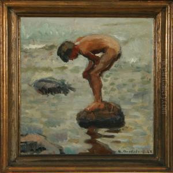 A Naked Boy On A Stone Oil Painting by Axel Bredsdorff