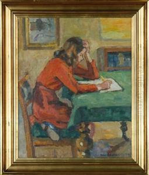 Girl Reading A Book Oil Painting by Axel Bredsdorff