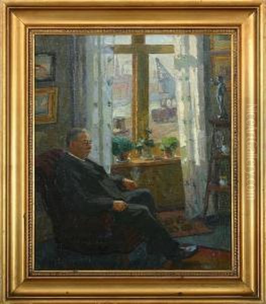 Interior With A Gentleman, Sitting At A Vindow Oil Painting by Axel Bredsdorff