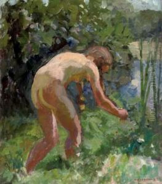 Nude Sowing In The Garden Oil Painting by Axel Bredsdorff