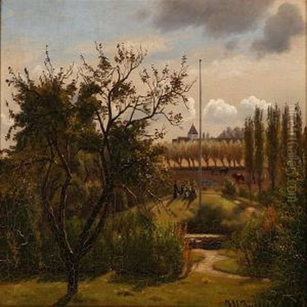 Garden Landscape With A View To A Church Oil Painting by Johan Ulrik Bredsdorff