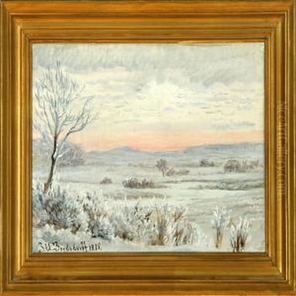 Winter Landscape At Sunset. Signed And Dated J. U. Bredsdorff 1875 Oil Painting by Johan Ulrik Bredsdorff