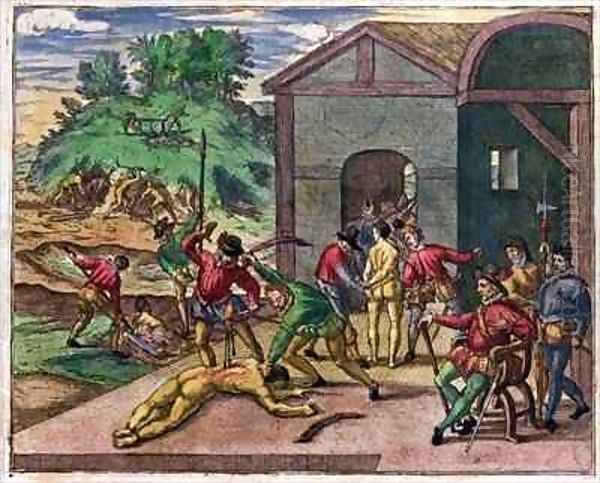 Cruelty of the Spanish Colonists towards the Indians, Mexico Oil Painting by Theodore de Bry