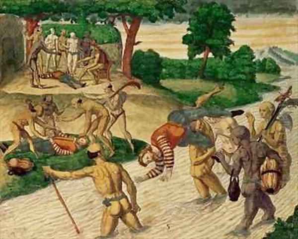 South American Indians drowning Spaniards to see if they are immortal Oil Painting by Theodore de Bry