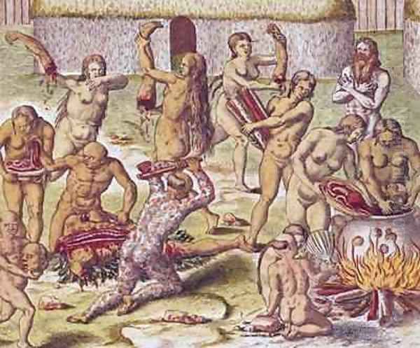 Dismembering and cooking an enemy Oil Painting by Theodore de Bry