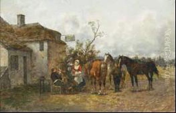 Travellers And Maid Outside A Village Tavern Oil Painting by Heinrich Breling