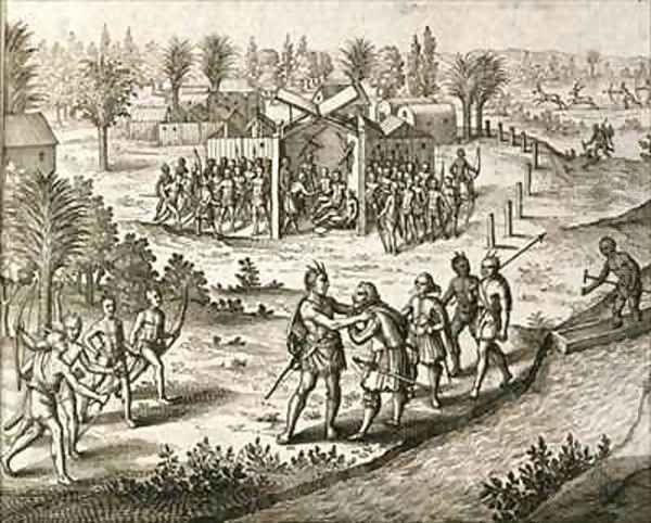 Ralph Hamor visits Powhatan with a proposal Oil Painting by Theodore de Bry