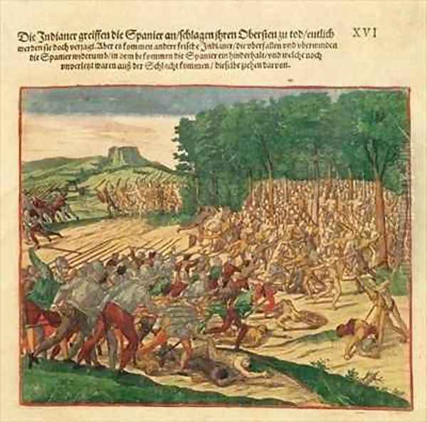 Battle between the Indians and the Spanish in which the Spanish colonel was beaten to death Oil Painting by Theodore de Bry