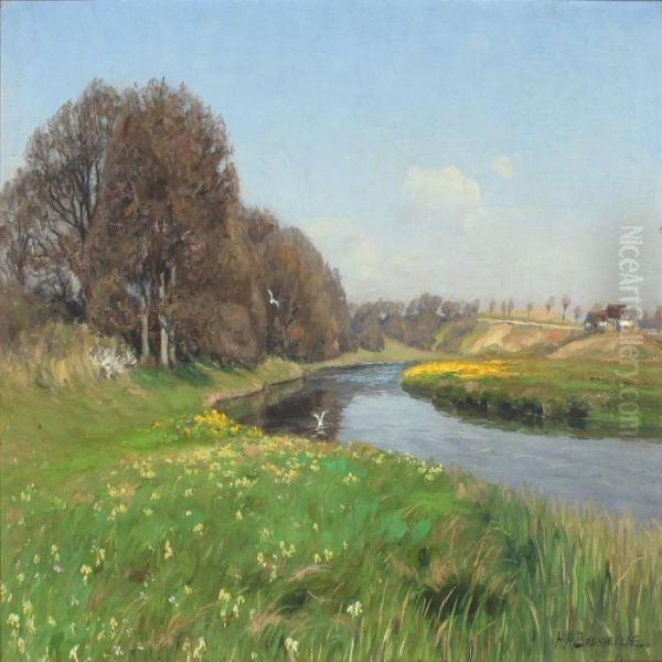 Summer Landscape With Stream Near Herlufsholm Oil Painting by H. A. Brendekilde