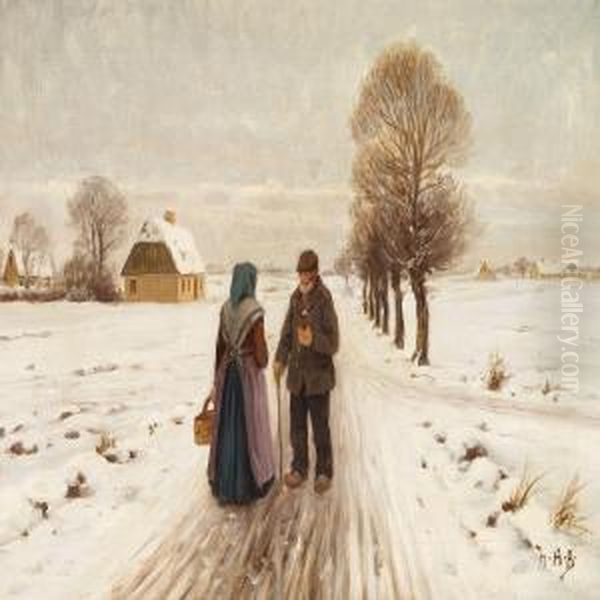 Winter Landscape With An Old Couple On A Road Oil Painting by H. A. Brendekilde