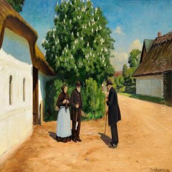 Spring Day In The Village With A Chestnut Tree In Bloom Oil Painting by H. A. Brendekilde