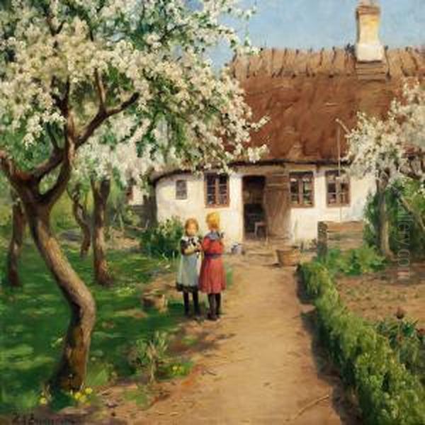 Two Little Girls In A Flowering Garden Oil Painting by H. A. Brendekilde