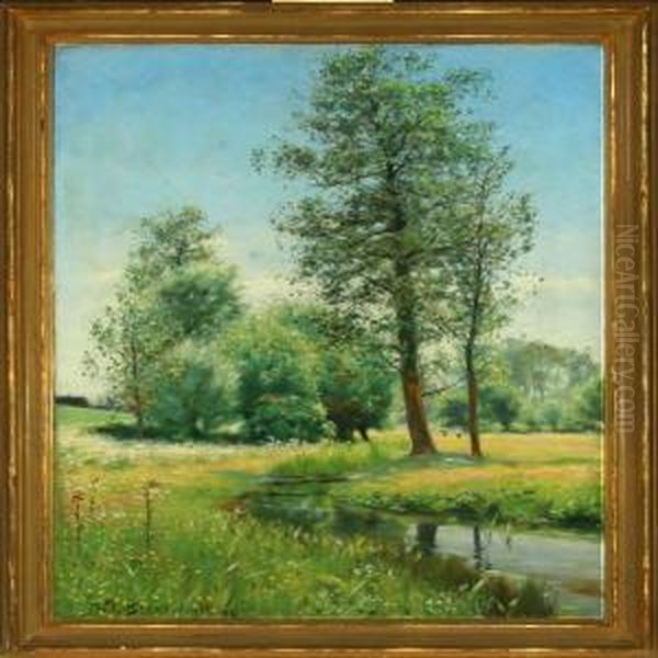 Flowering Meadowwith Trees And Stream, In The Background Children Oil Painting by H. A. Brendekilde