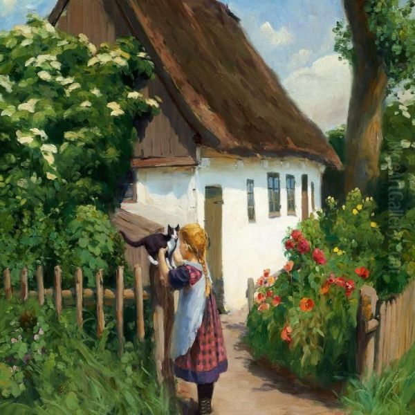 Summer Day In The Village With A Little Girl And A Kitten Oil Painting by H. A. Brendekilde