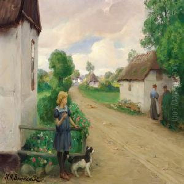 Village Street With A Girl At A White Cottage by H. A. Brendekilde