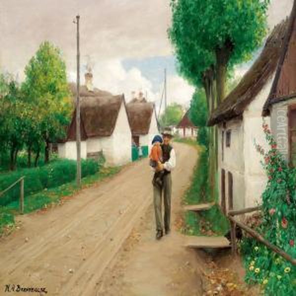 Grandfather With His Grand Daughter Walking Down The Village Street Oil Painting by H. A. Brendekilde