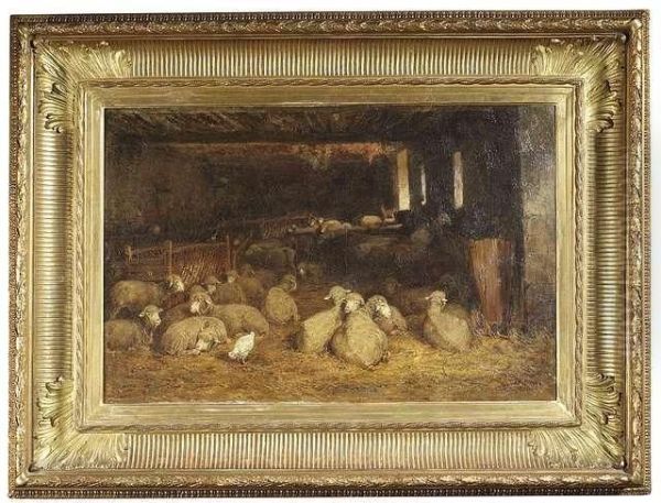 Flock Of Sheepin A Stable Oil Painting by Albert Heinrich Brendel