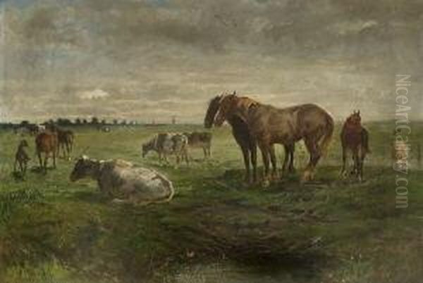 Kuhe, Pferde Und Ein Schaf Auf Der
 Weide. Oil Painting by Albert Heinrich Brendel