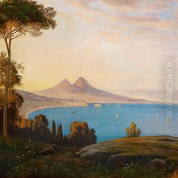 View Of The Bay Ofnaples And Mount Vesuvius Oil Painting by Thorald Brendstrup