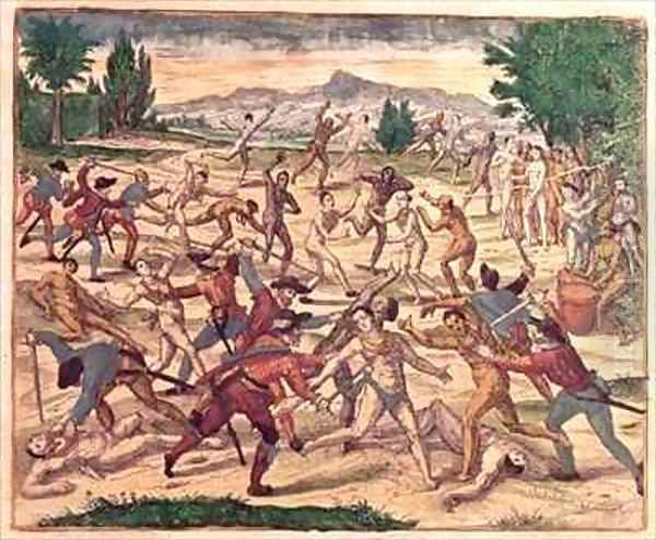 Pedro de Alvarado and his soldiers massacring the Aztecs Oil Painting by Theodore de Bry