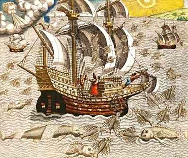 Flying Fish Meet in the Torrid Zone Oil Painting by Theodore de Bry