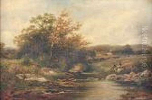 An Upland Stream With Figures And Farmhouse Oil Painting by Carl Brennir