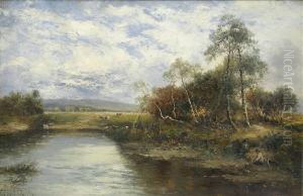 A Quiet Backwater,summer River 
Landscape With Anglers And Dog, Cattle Watering In Theshallows Beyond Oil Painting by Carl Brennir