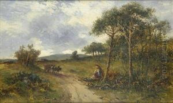 Homeward Bound,faggot Gatherers And Horse-drawn Cart In A Wooded Eveninglandscape Oil Painting by Carl Brennir