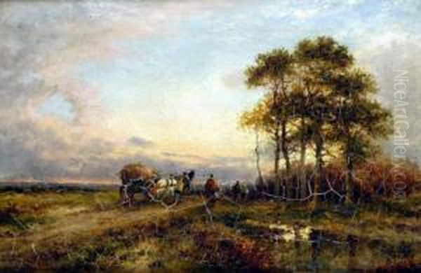 Returning From The Fields, Sunset With Figures And Hay Cart Oil Painting by Carl Brennir