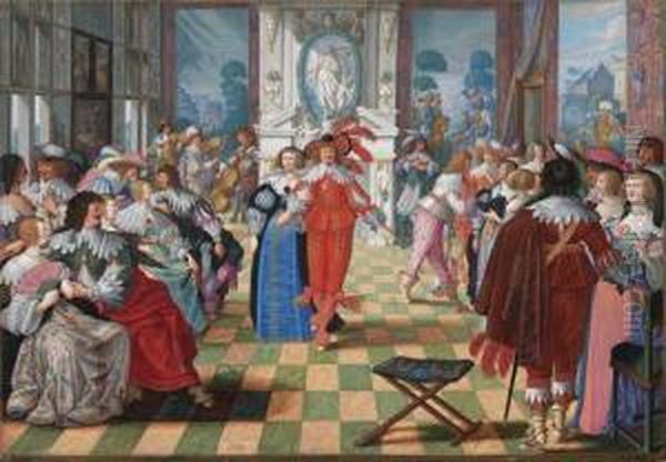 Ladies And Cavaliers In A Ballroom, After Abraham Bosse (leblanc771) Oil Painting by Friedrich The Elder Brentel