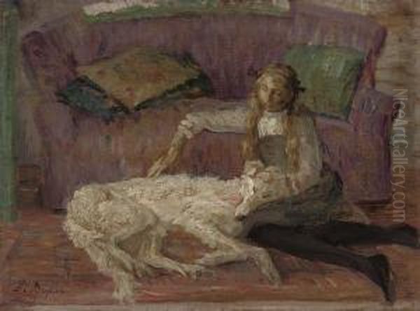 Jeune Fille Avec Un Borzoi Oil Painting by Marie Louise Catherine Breslau