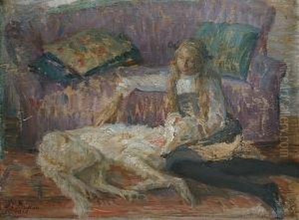 A Young Girl Seated With A Borzoi Oil Painting by Marie Louise Catherine Breslau